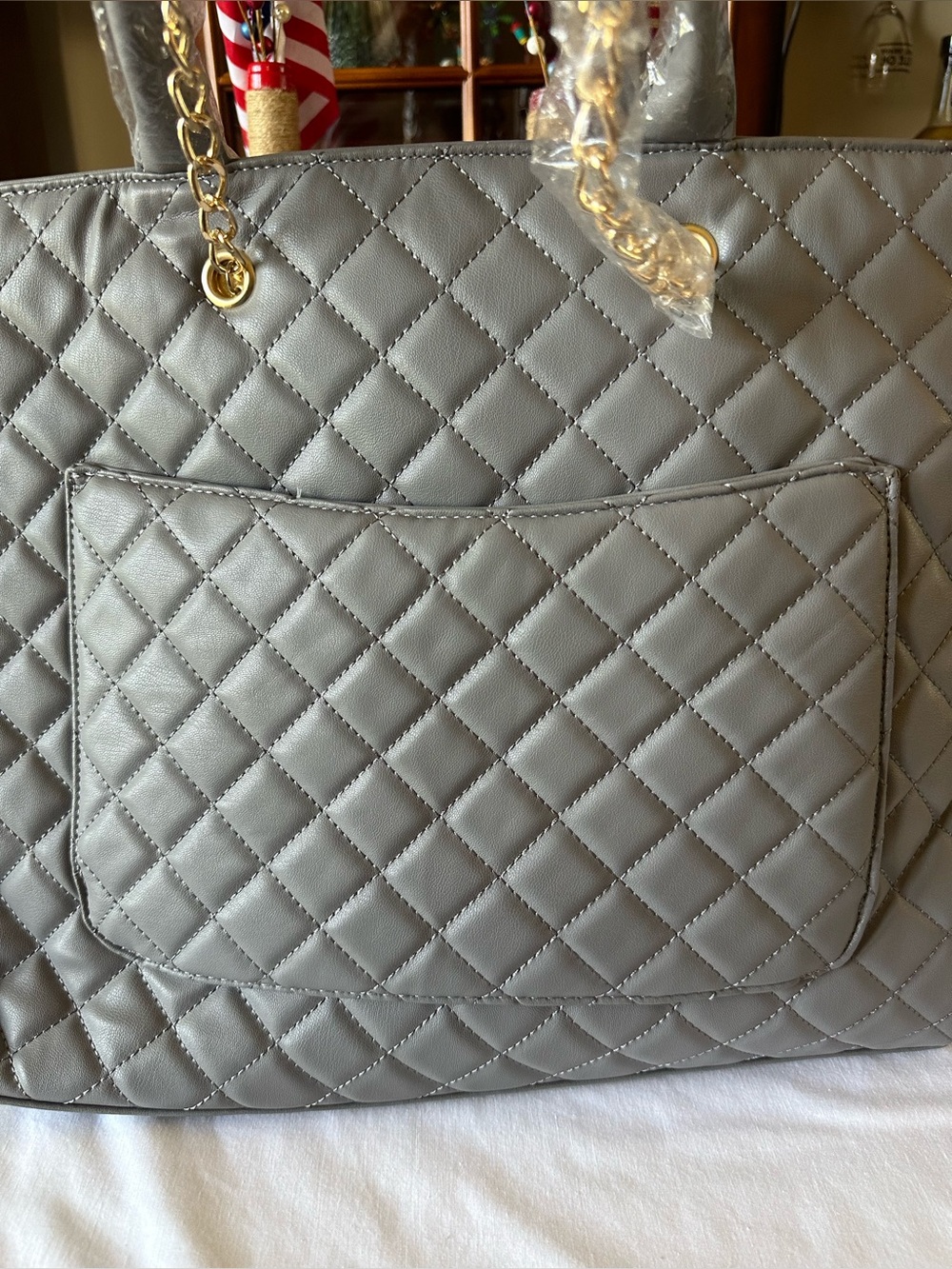 Gilda Paris Quilted Large Tote Bag Grey Stylish Carryall New with Tags - Picture 6 of 12